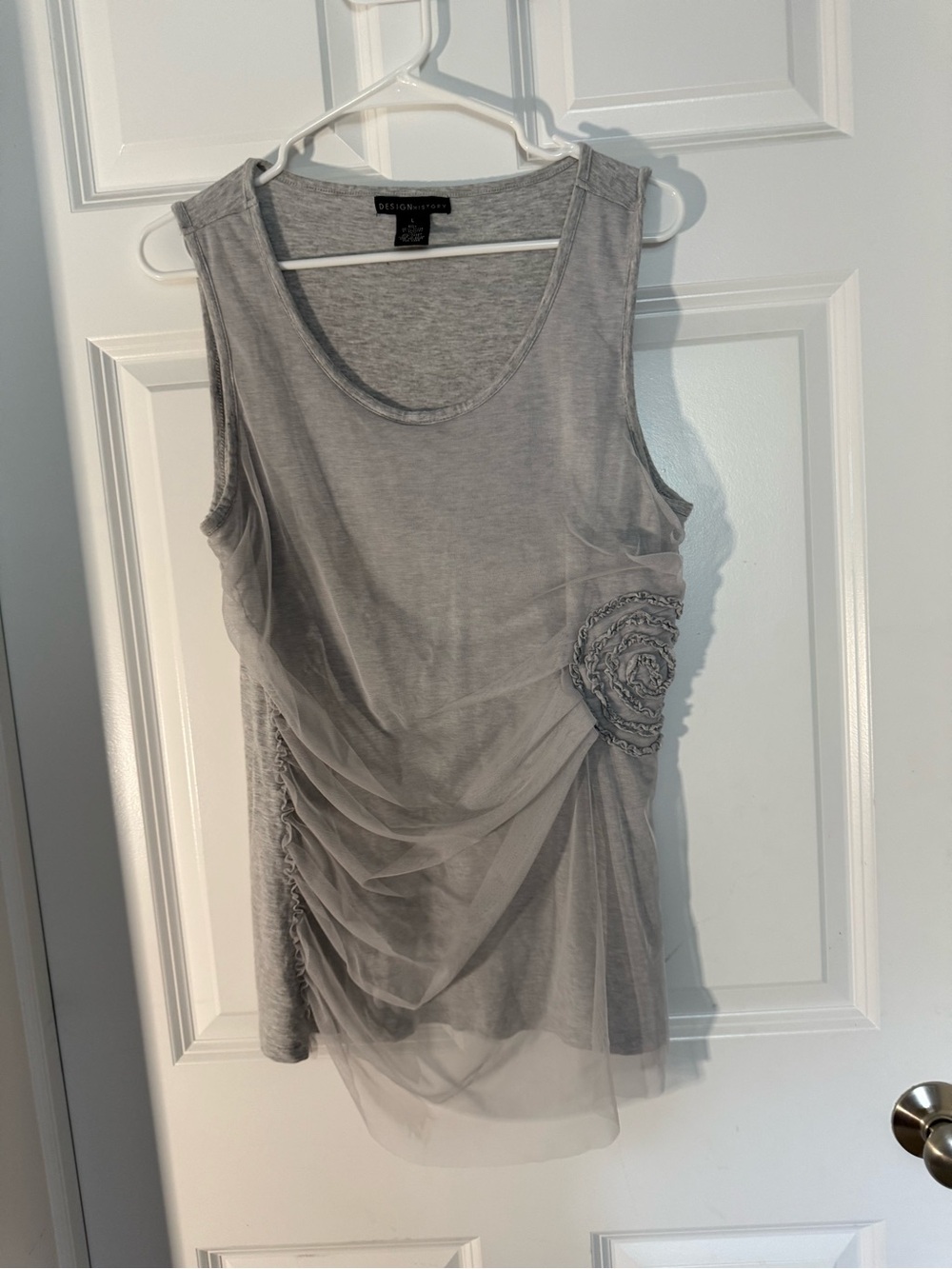 Design History Grey Mesh Overlay Tank Top with Side Rosette Detail - Size Large